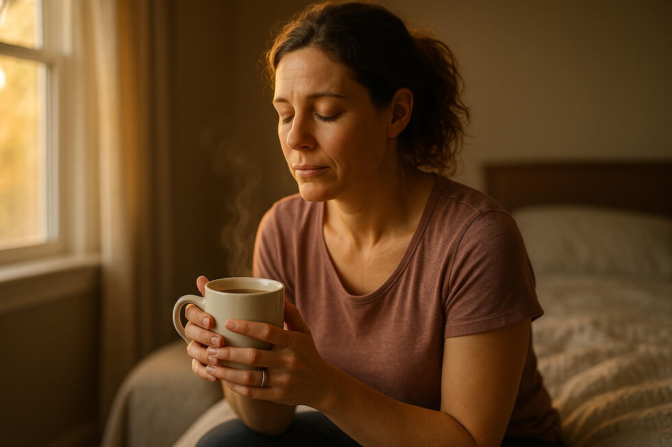 Una madre reflexiva busca fortaleza para una mamá cansada en un momento de paz matutino.