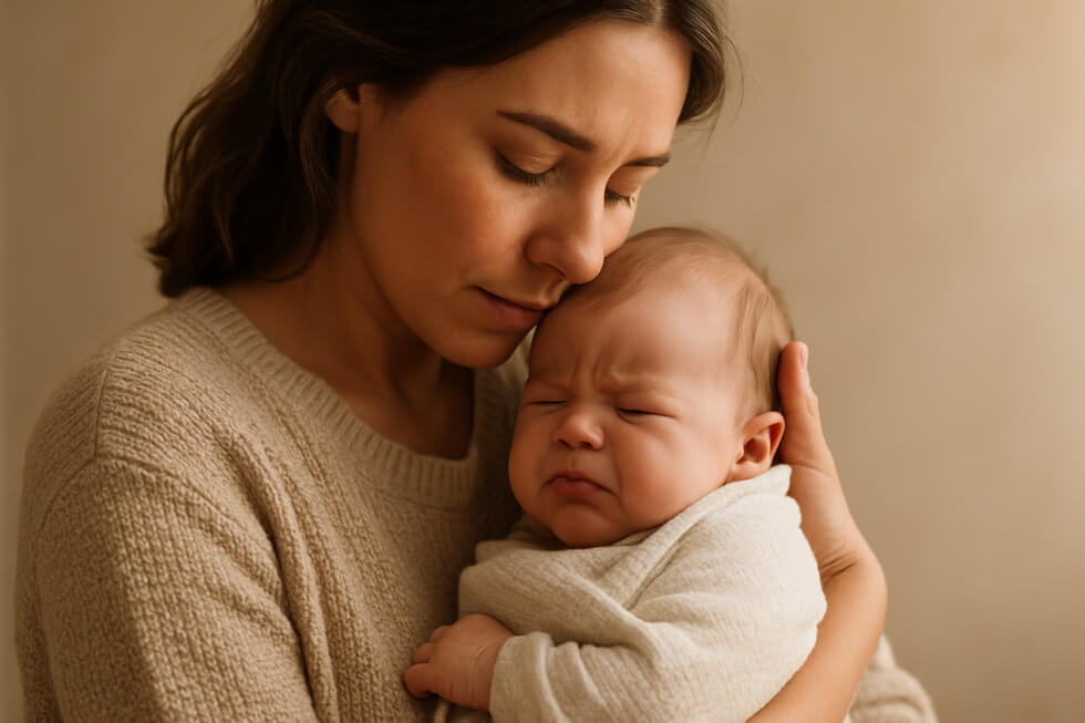 Madre aplicando una de las 5 estrategias probadas para aliviar cólicos del bebé que sufre de llanto constante.