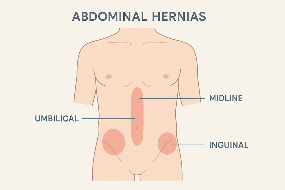 Ilustración médica mostrando los principales síntomas de hernia abdominal y sus ubicaciones en el cuerpo.