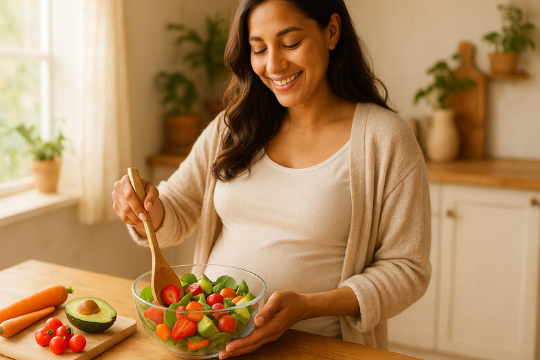 Mujer siguiendo una guía de alimentación en el embarazo con alimentos saludables.