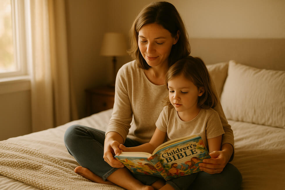 Mamá aplicando consejos sobre cómo enseñar a los niños a orar en un momento tierno de devoción con su hijo.