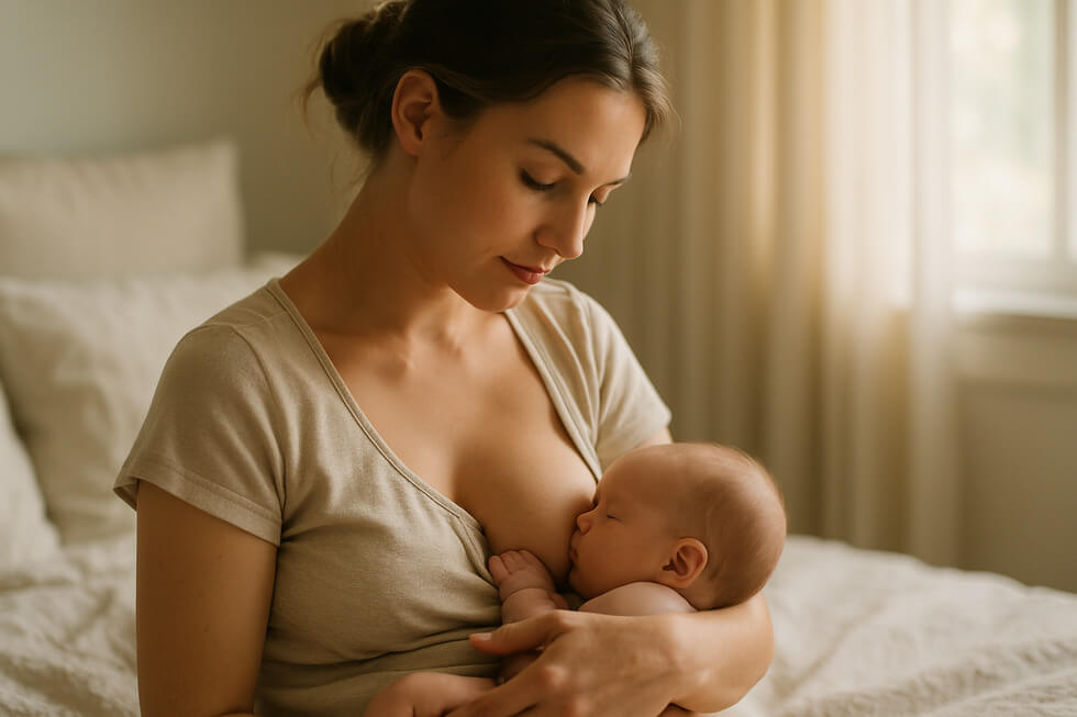 Madre primeriza aprendiendo sobre el inicio de la lactancia materna con su bebé, aplicando técnicas para un agarre correcto.