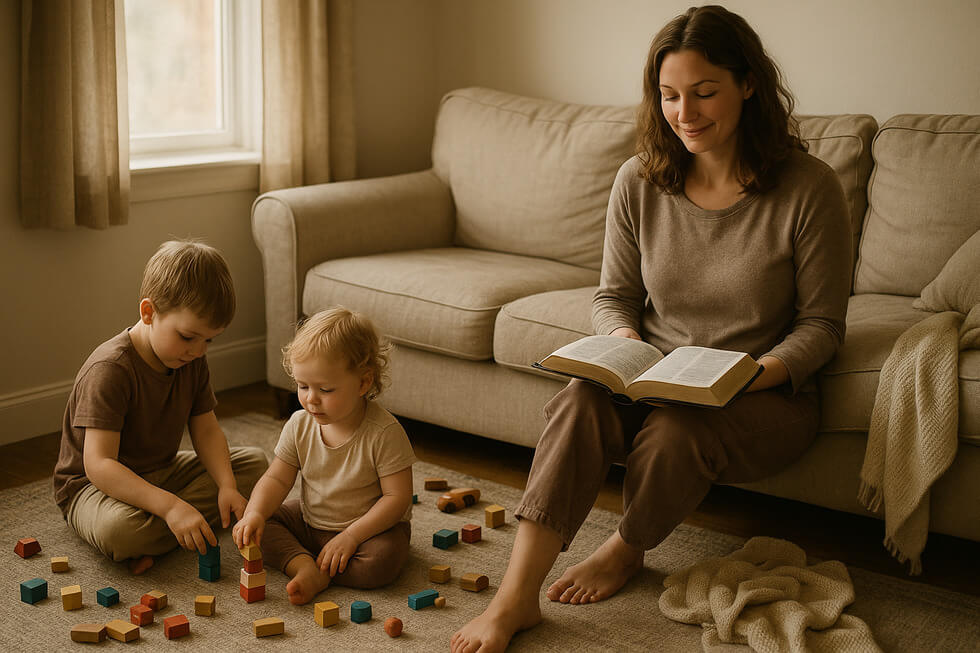 Una madre cristiana encontrando la fuente de su paciencia en la crianza a través de la lectura de la Biblia.