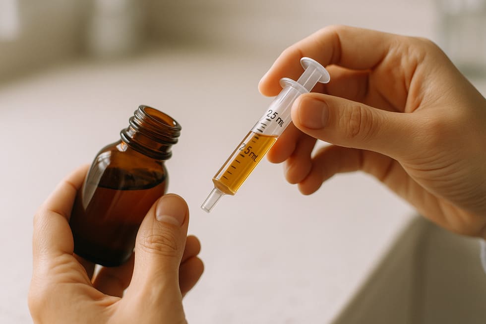 Una madre midiendo cuidadosamente la dosis de un medicamento pediátrico para el botiquín familiar.