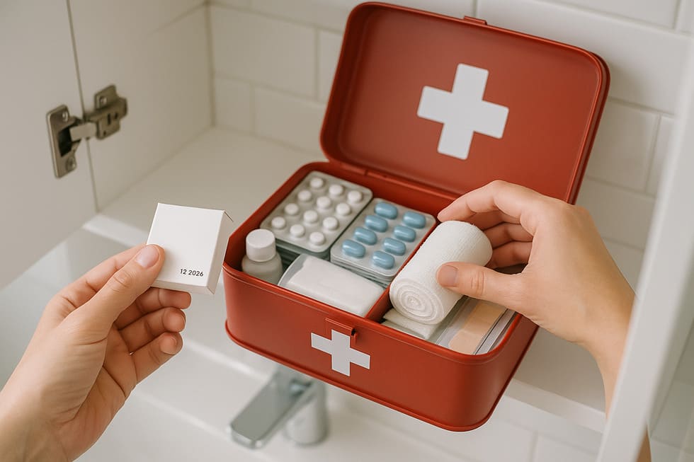 Manos de una persona revisando la fecha de vencimiento de un medicamento durante el mantenimiento de su botiquín familiar.