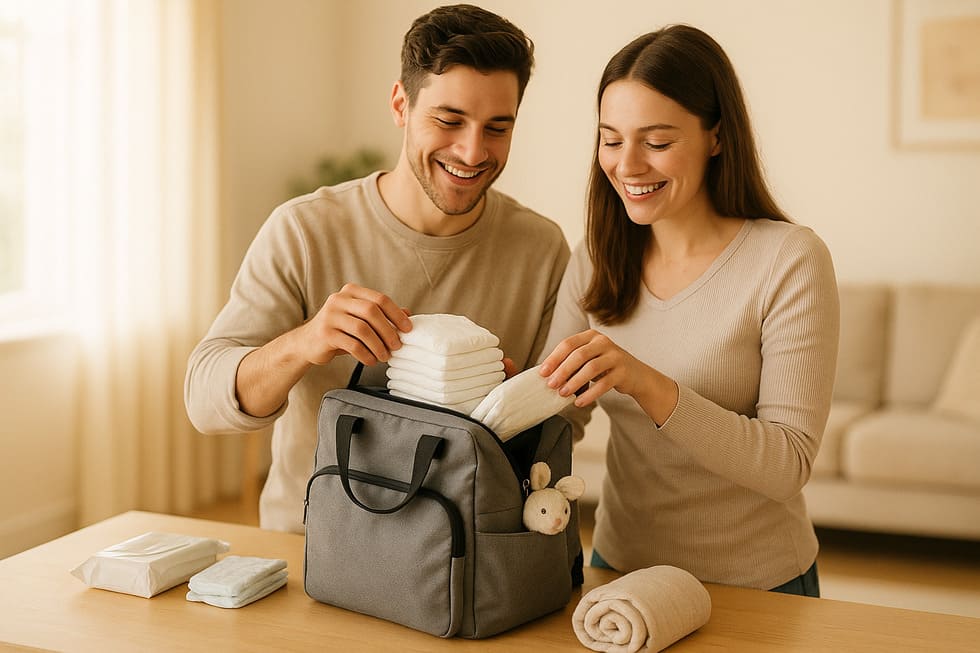 Padres jóvenes preparando con alegría la pañalera para la primera consulta del recién nacido