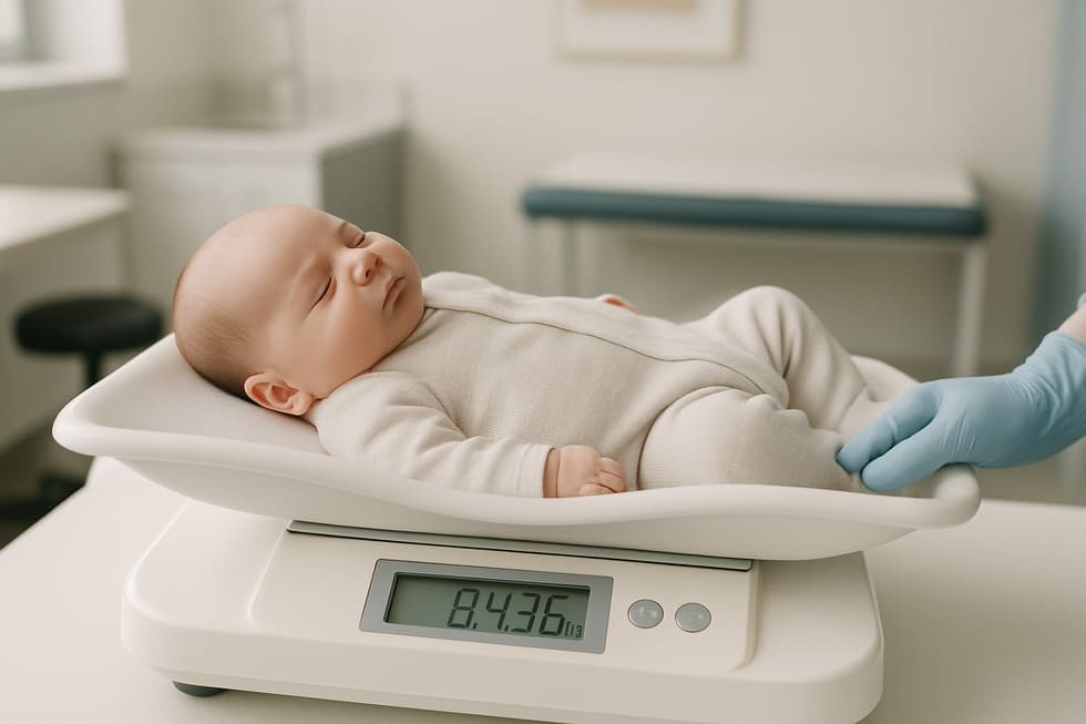 Un bebé recién nacido siendo pesado suavemente en una báscula pediátrica durante su primera consulta.
