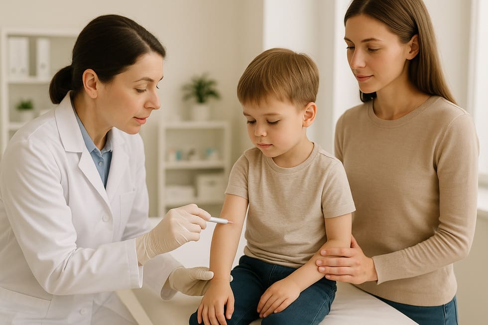 Una pediatra examinando los síntomas del sarampión en la espalda de un niño durante una consulta en la Clínica Cristiana.