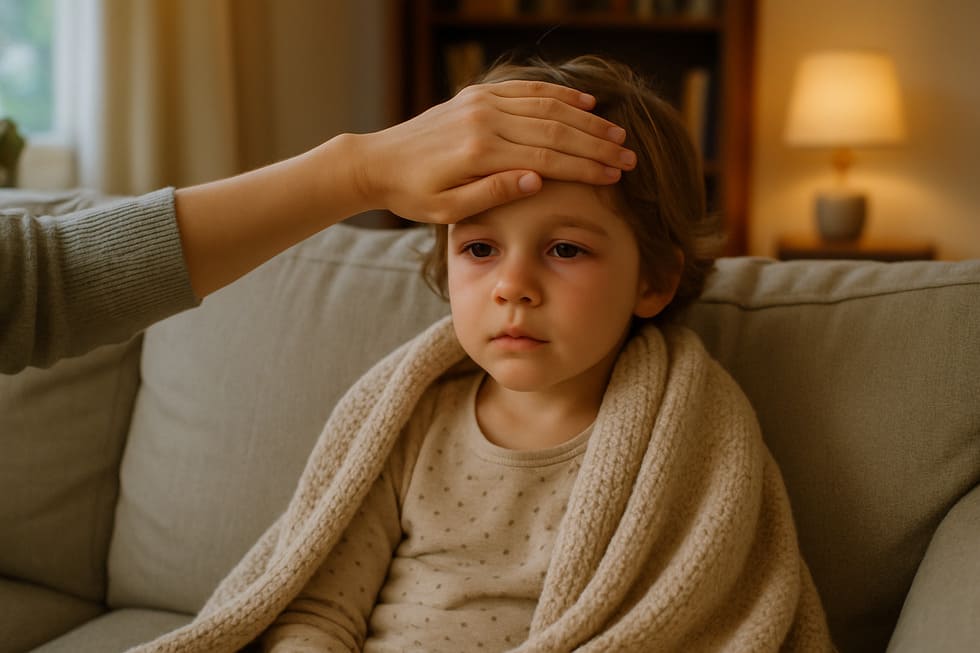 Un niño con los primeros síntomas del sarampión, como fiebre y malestar, siendo cuidado en casa por su familia.